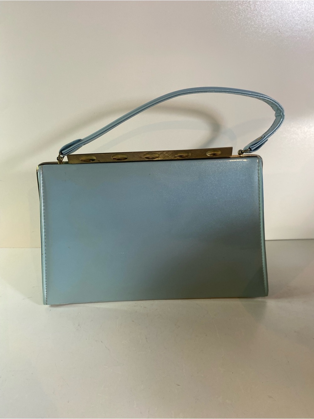 Vintage 1960s Jaclyn USA Light Blue Vinyl Gold Tone Hardware Handbag MCM